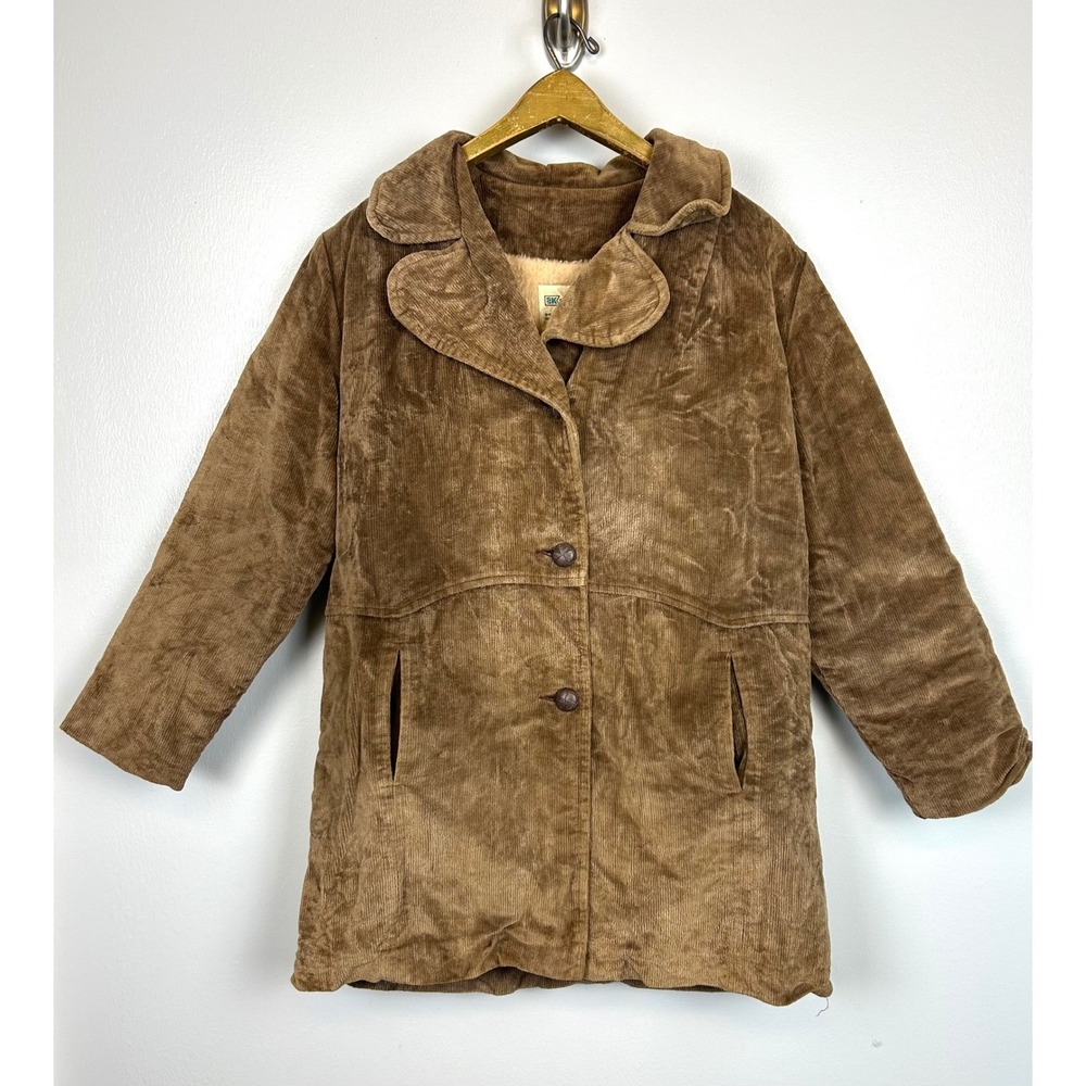 Vintage 70s Brown Corduroy Sherpa Lined Car Coat Jacket 10 Teddy Cord Cozy